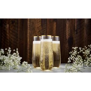 48 Pack 9oz Stemless Clear With Gold Rim Plastic Champagne Flutes Shatterproof